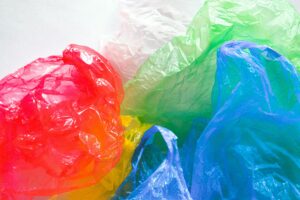 Vibrant image of colorful plastic bags representing pollution and sustainability issues.